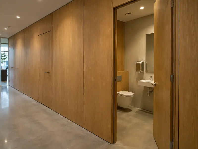 Self-contained floor-to-ceiling toilet rooms with oak-effect full-height doors