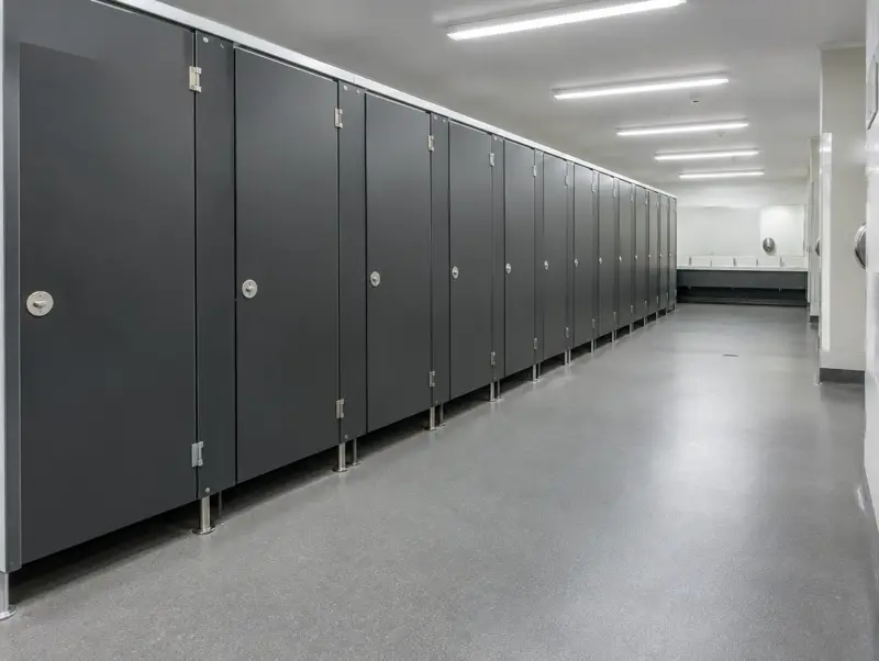 Long run of anthracite heavy-duty toilet cubicles in a high-traffic venue washroom